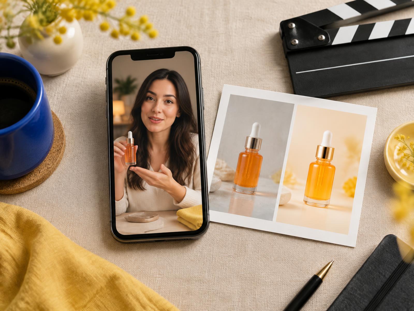 Wraxa Visuals content example: a vertical video with a creator and product photos before and after retouching